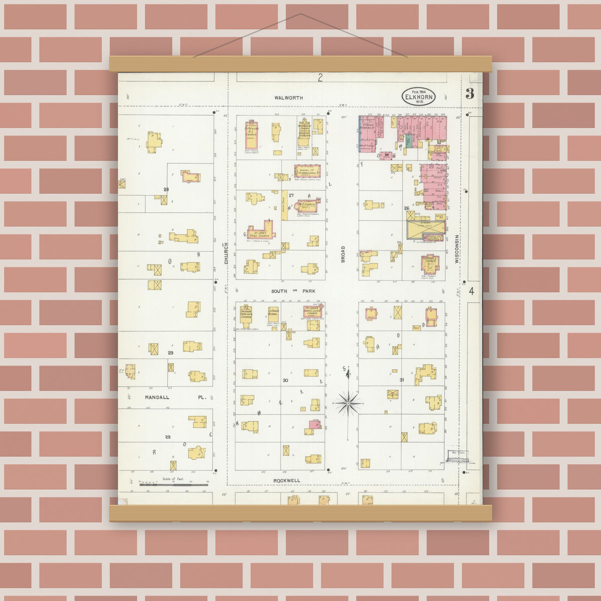 Old map wall art mockup — magnetic wood frame on brick wall — Sanborn Fire Insurance Map from Elkhorn, Walworth County, Wisconsin (1904), Sheet #0003