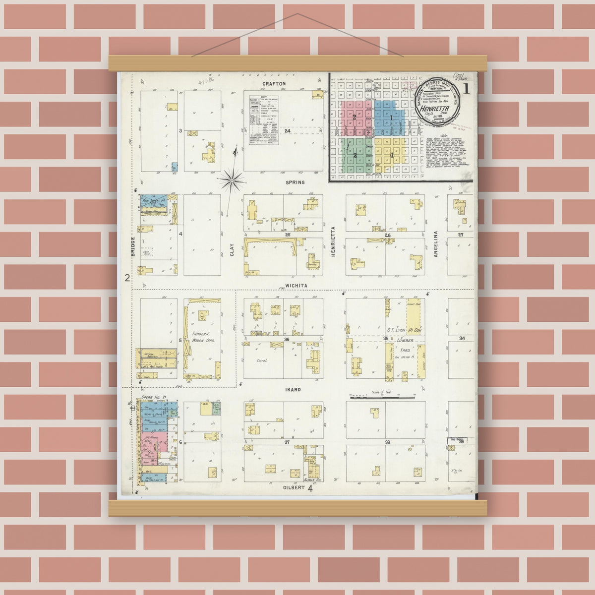 Old map wall art mockup — magnetic wood frame on brick wall — Sanborn Fire Insurance Map from Henrietta, Clay County, Texas (1896) - Complete Map Set