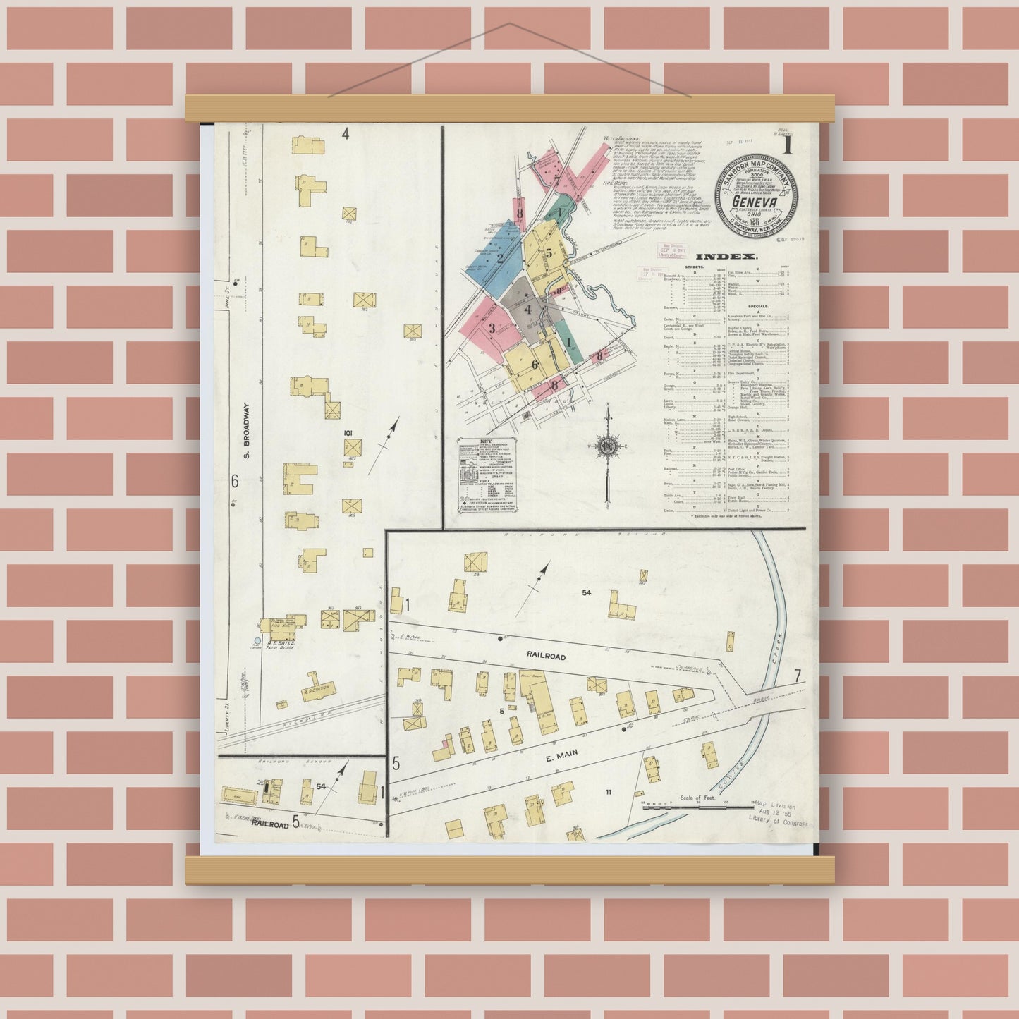 Old map wall art mockup — magnetic wood frame on brick wall — Sanborn Fire Insurance Map from Geneva, Ashtabula County, Ohio (1911) - Complete Map Set