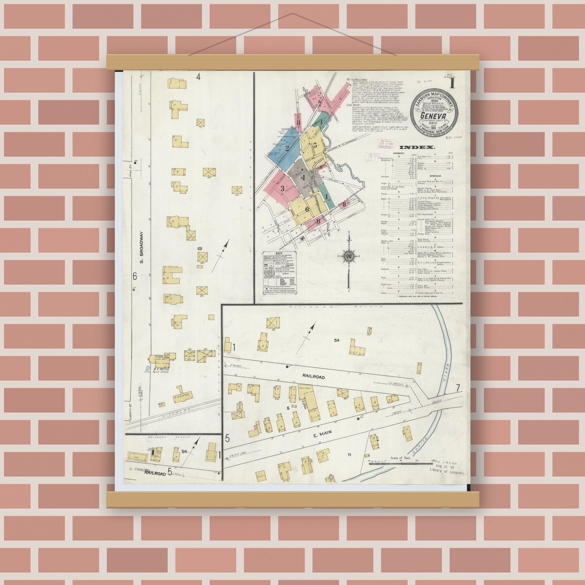 Old map wall art mockup — magnetic wood frame on brick wall — Sanborn Fire Insurance Map from Geneva, Ashtabula County, Ohio (1911) - Complete Map Set