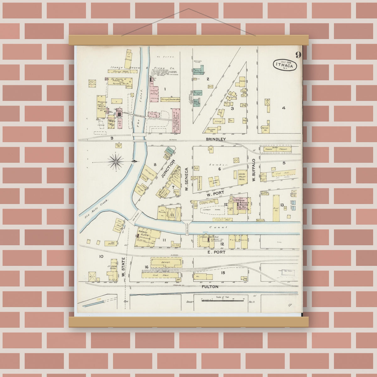 Old map wall art mockup — magnetic wood frame on brick wall — Sanborn Fire Insurance Map from Ithaca, Tompkins County, New York (1888), Sheet #0009