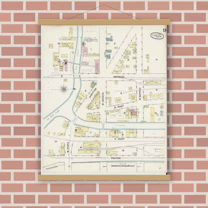 Old map wall art mockup — magnetic wood frame on brick wall — Sanborn Fire Insurance Map from Ithaca, Tompkins County, New York (1888), Sheet #0009