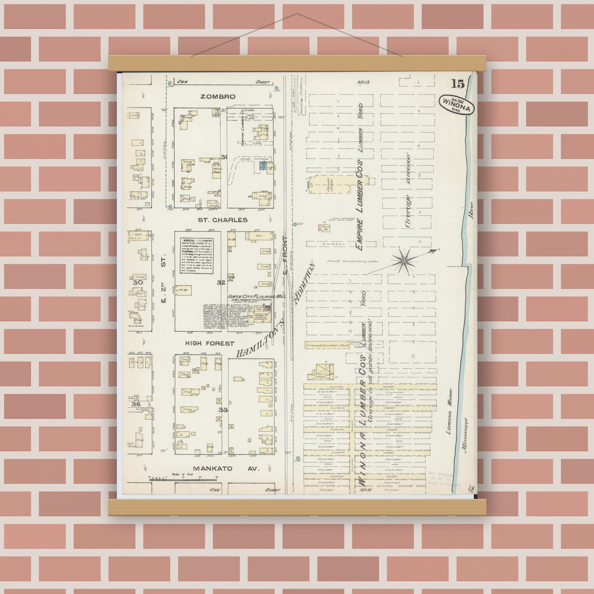 Old map wall art mockup — magnetic wood frame on brick wall — Sanborn Fire Insurance Map from Winona, Winona County, Minnesota (1884), Sheet #0015