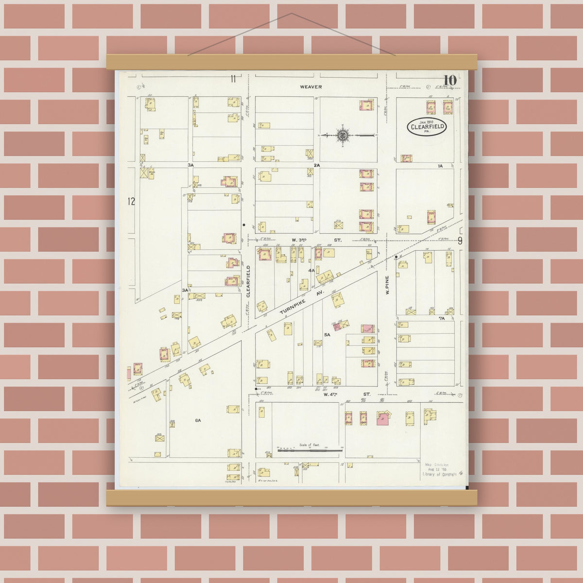 Old map wall art mockup — magnetic wood frame on brick wall — Sanborn Fire Insurance Map from Clearfield, Clearfield County, Pennsylvania (1911), Sheet #0010