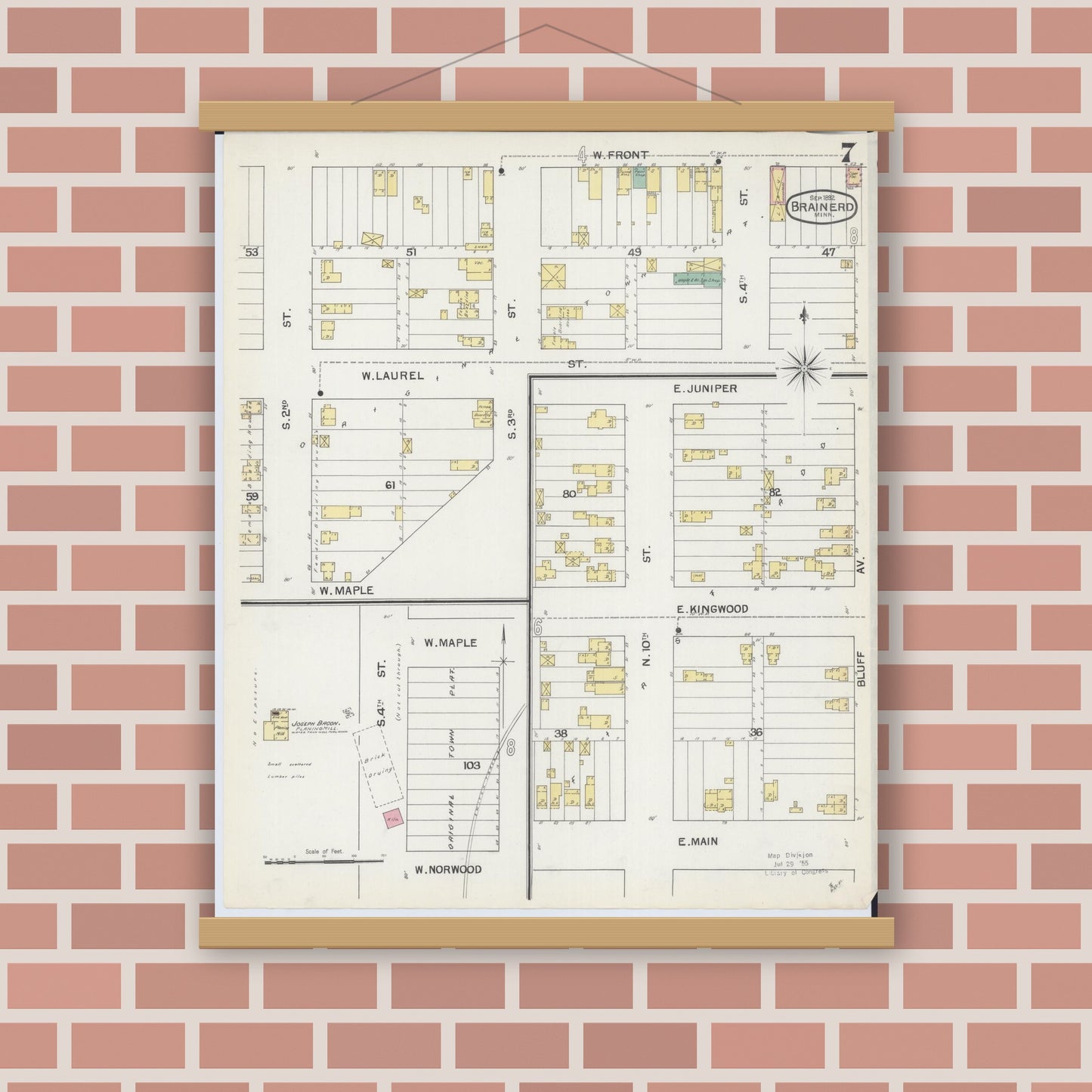 Old map wall art mockup — magnetic wood frame on brick wall — Sanborn Fire Insurance Map from Brainerd, Crow Wing County, Minnesota (1892), Sheet #0007