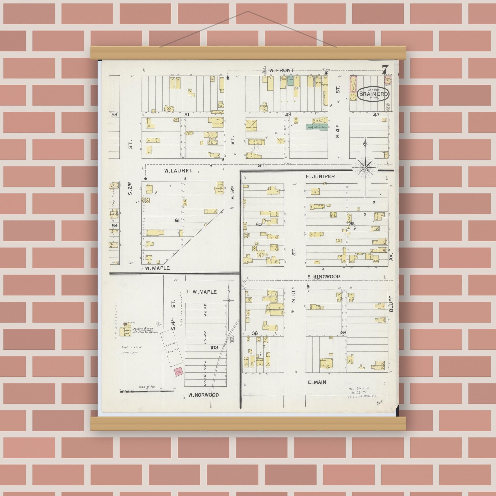 Old map wall art mockup — magnetic wood frame on brick wall — Sanborn Fire Insurance Map from Brainerd, Crow Wing County, Minnesota (1892), Sheet #0007