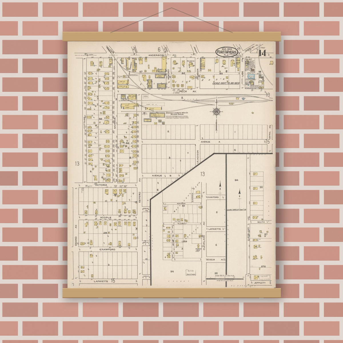 Old map wall art mockup — magnetic wood frame on brick wall — Sanborn Fire Insurance Map from Fort Myers, Lee County, Florida (1922), Sheet #0014