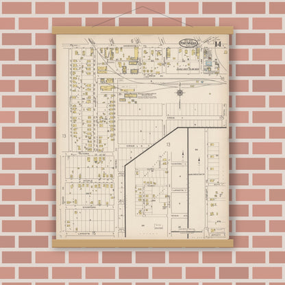Old map wall art mockup — magnetic wood frame on brick wall — Sanborn Fire Insurance Map from Fort Myers, Lee County, Florida (1922), Sheet #0014