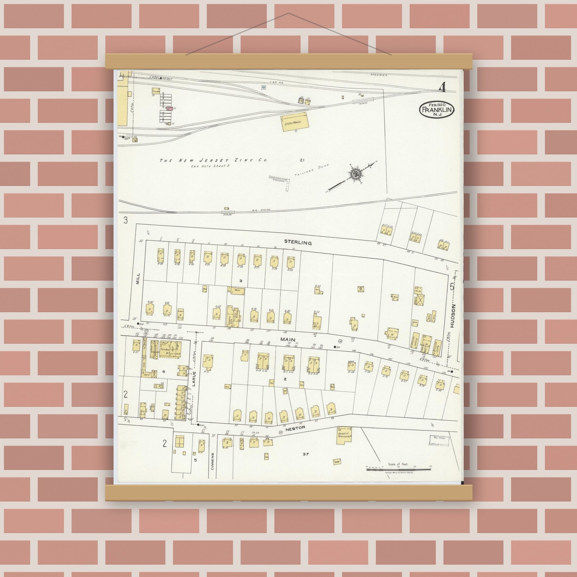 Old map wall art mockup — magnetic wood frame on brick wall — Sanborn Fire Insurance Map from Franklin, Sussex County, New Jersey (1920), Sheet #0004