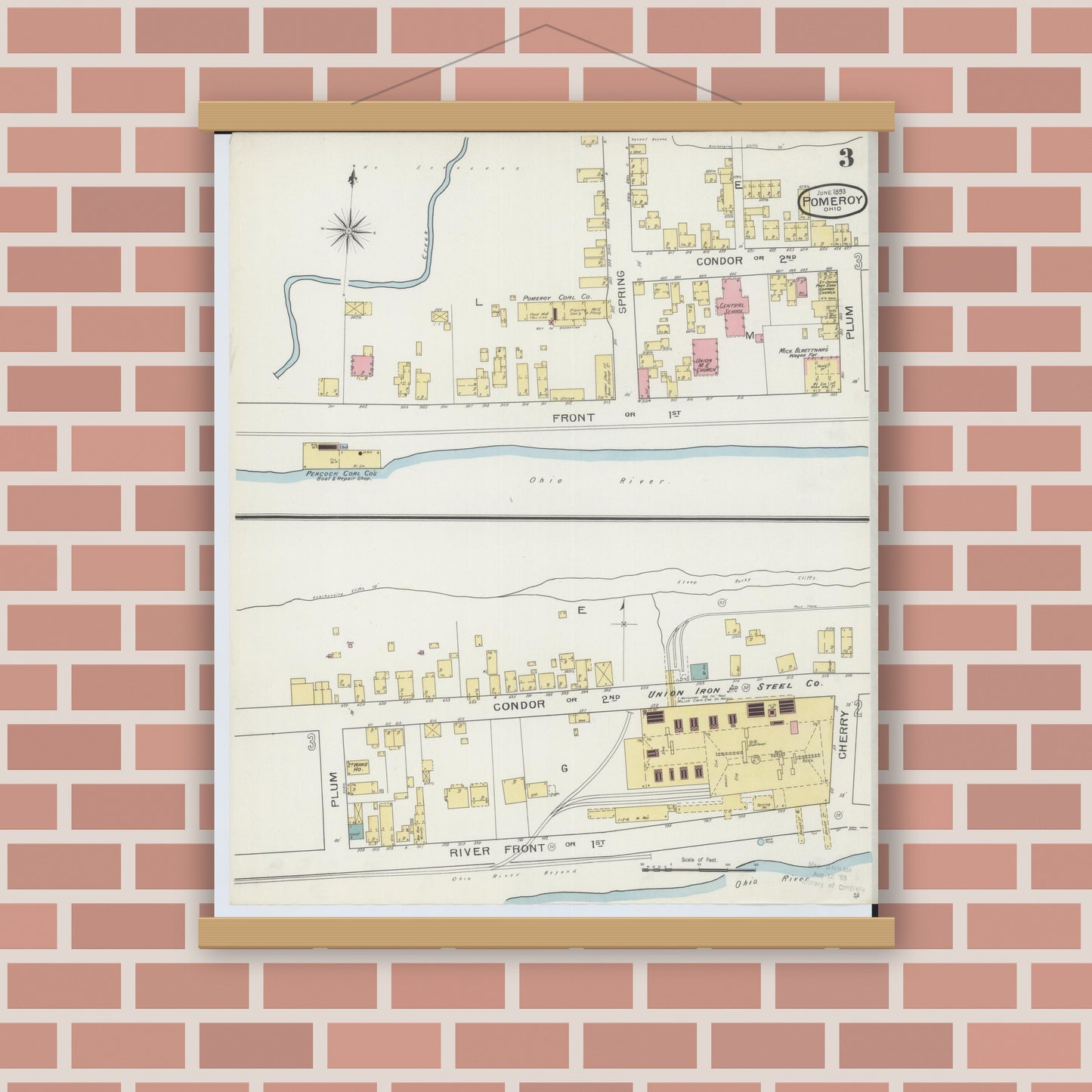 Old map wall art mockup — magnetic wood frame on brick wall — Sanborn Fire Insurance Map from Pomeroy, Meigs County, Ohio (1893), Sheet #0003