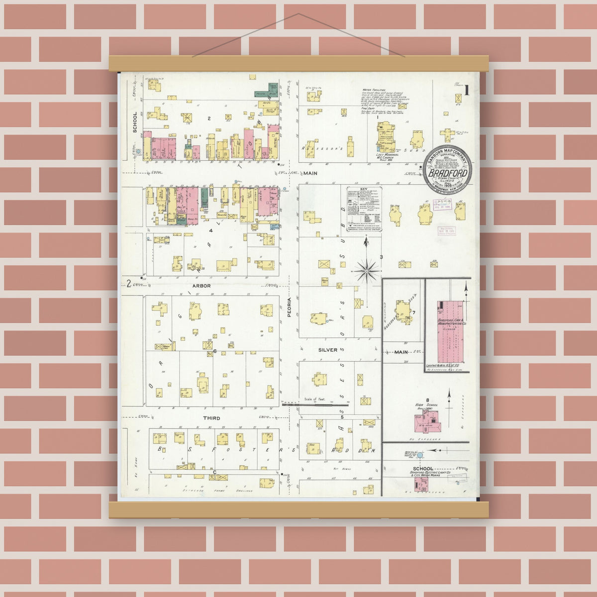 Old map wall art mockup — magnetic wood frame on brick wall — Sanborn Fire Insurance Map from Bradford, Stark County, Illinois (1909) - Complete Map Set