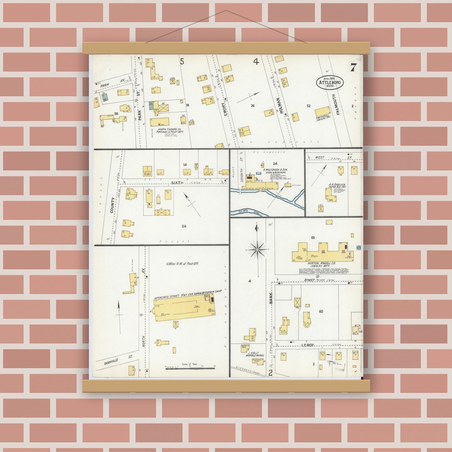 Old map wall art mockup — magnetic wood frame on brick wall — Sanborn Fire Insurance Map from Attleboro, Bristol County, Massachusetts (1899), Sheet #0007