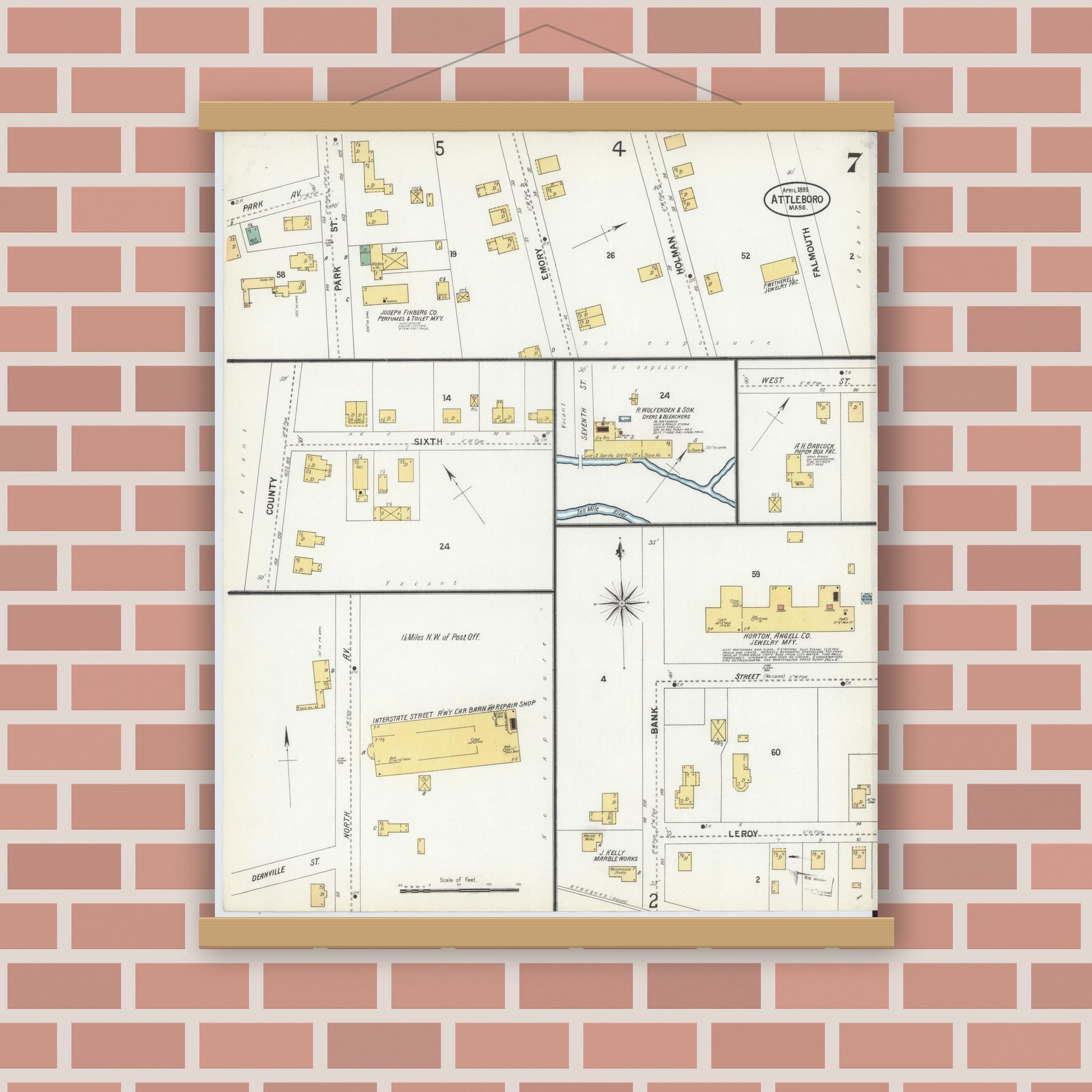Old map wall art mockup — magnetic wood frame on brick wall — Sanborn Fire Insurance Map from Attleboro, Bristol County, Massachusetts (1899), Sheet #0007
