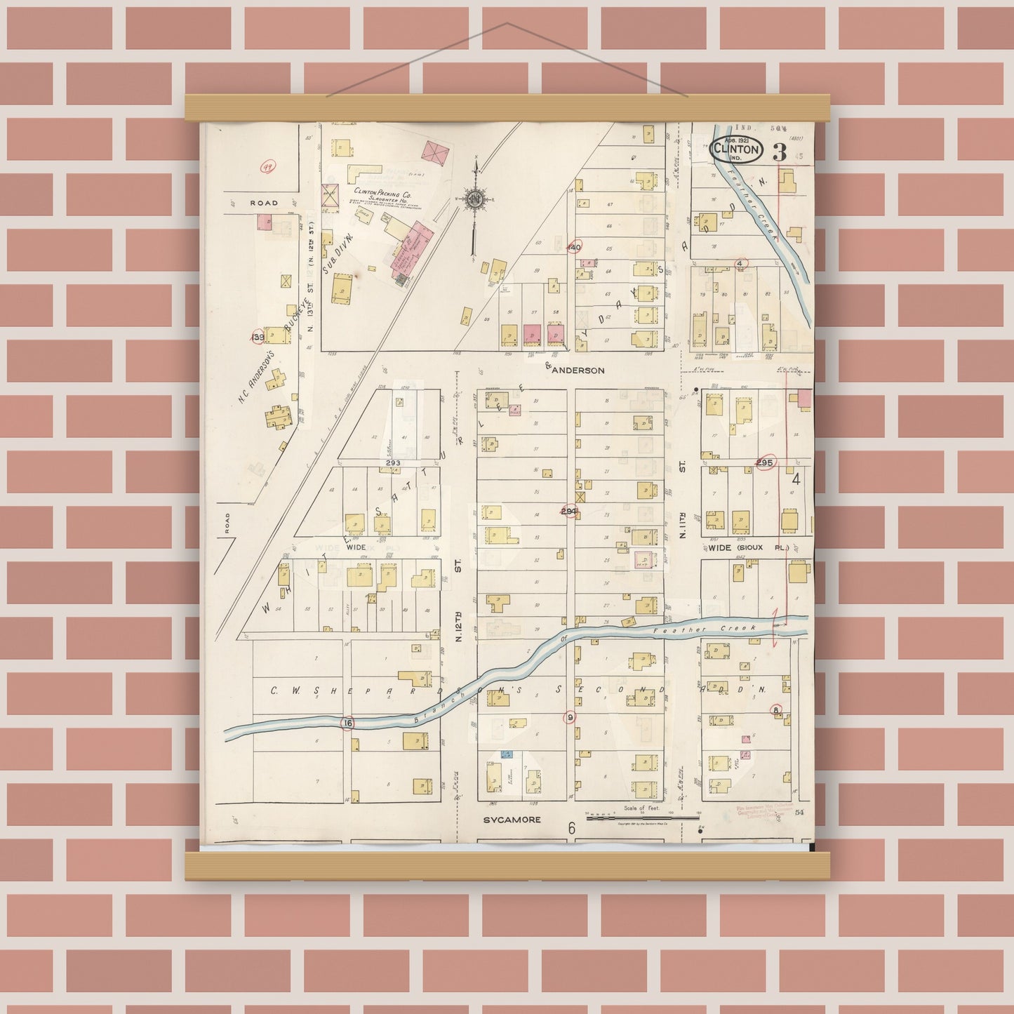 Old map wall art mockup — magnetic wood frame on brick wall — Sanborn Fire Insurance Map from Clinton, Vermillion County, Indiana (1947), Sheet #0003