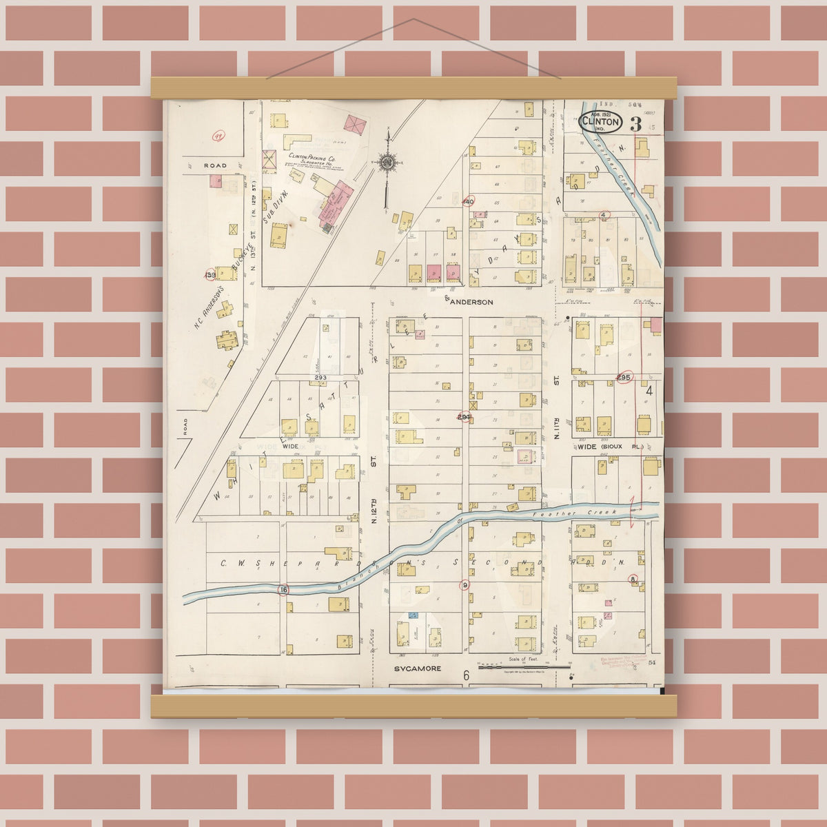 Old map wall art mockup — magnetic wood frame on brick wall — Sanborn Fire Insurance Map from Clinton, Vermillion County, Indiana (1947), Sheet #0003