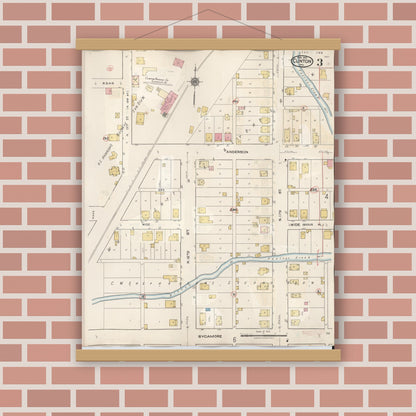 Old map wall art mockup — magnetic wood frame on brick wall — Sanborn Fire Insurance Map from Clinton, Vermillion County, Indiana (1947), Sheet #0003