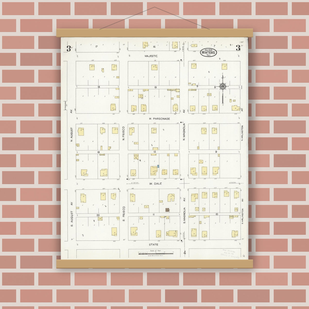 Old map wall art mockup — magnetic wood frame on brick wall — Sanborn Fire Insurance Map from Winters, Runnels County, Texas (1925), Sheet #0003