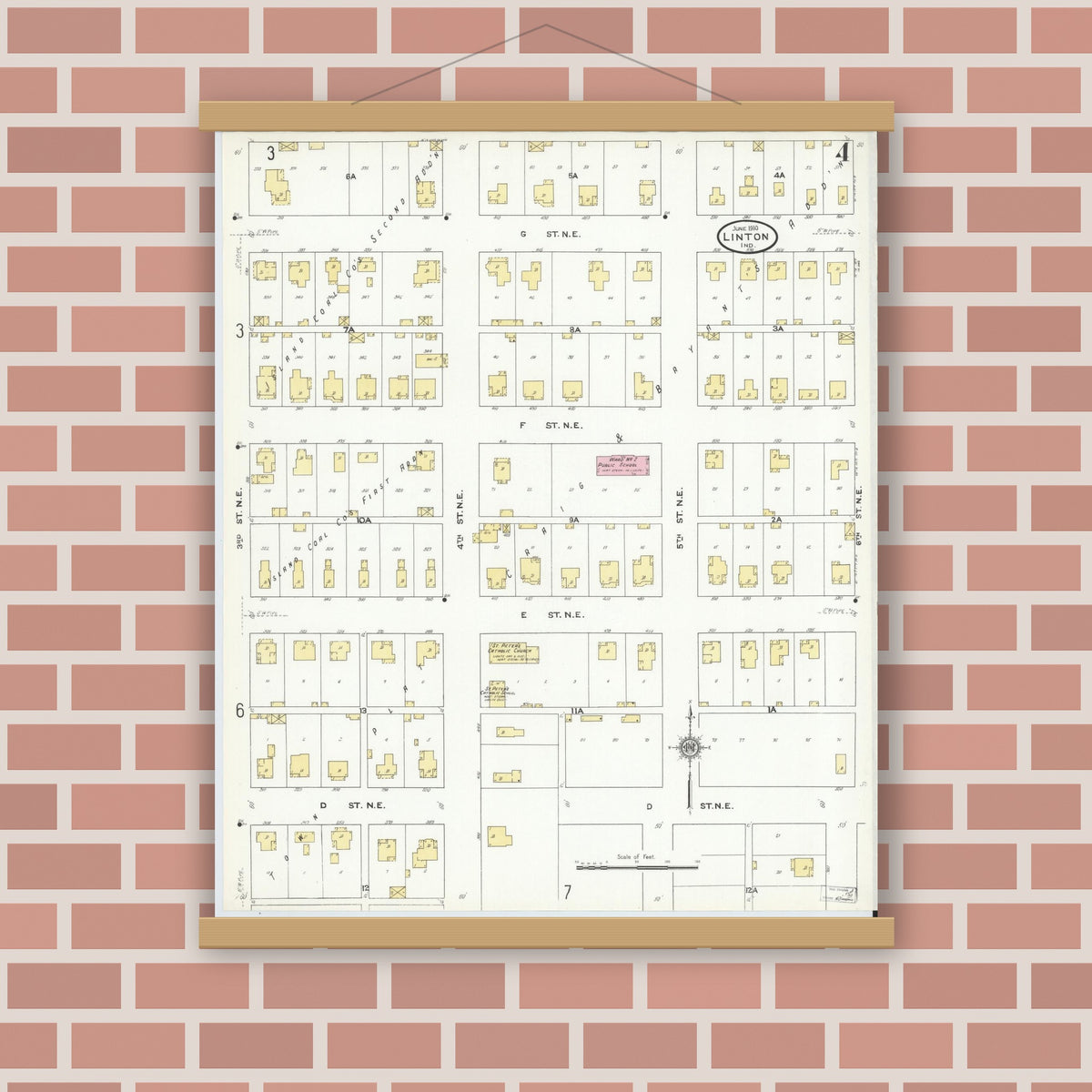 Old map wall art mockup — magnetic wood frame on brick wall — Sanborn Fire Insurance Map from Linton, Greene County, Indiana (1910), Sheet #0004