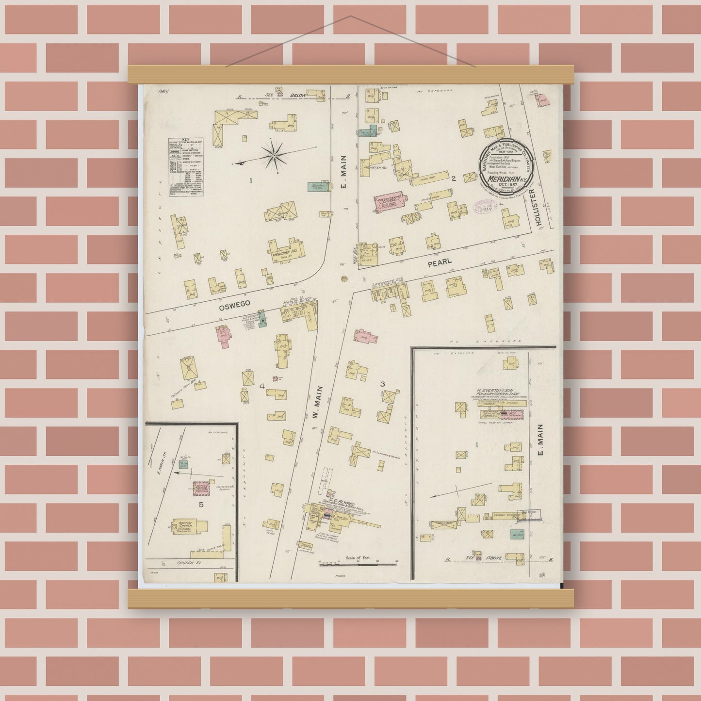 Old map wall art mockup — magnetic wood frame on brick wall — Sanborn Fire Insurance Map from Meridian, Cayuga County, New York (1887), Sheet #0001