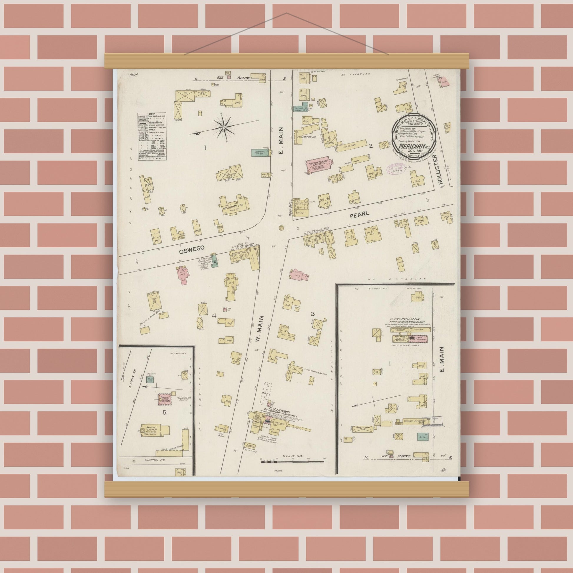 Old map wall art mockup — magnetic wood frame on brick wall — Sanborn Fire Insurance Map from Meridian, Cayuga County, New York (1887), Sheet #0001