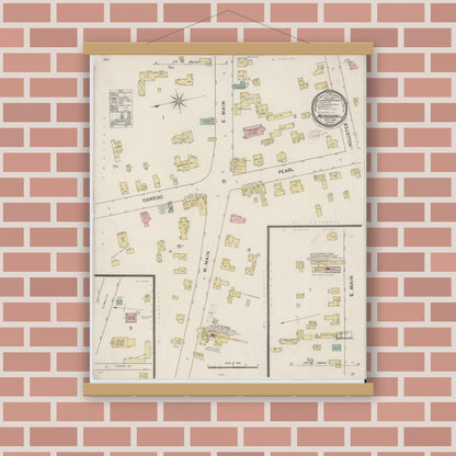 Old map wall art mockup — magnetic wood frame on brick wall — Sanborn Fire Insurance Map from Meridian, Cayuga County, New York (1887), Sheet #0001