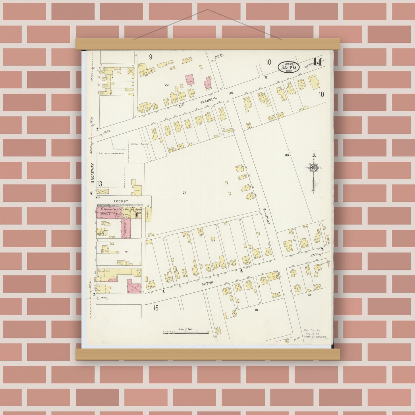 Old map wall art mockup — magnetic wood frame on brick wall — Sanborn Fire Insurance Map from Salem, Columbiana County, Ohio (1915), Sheet #0014