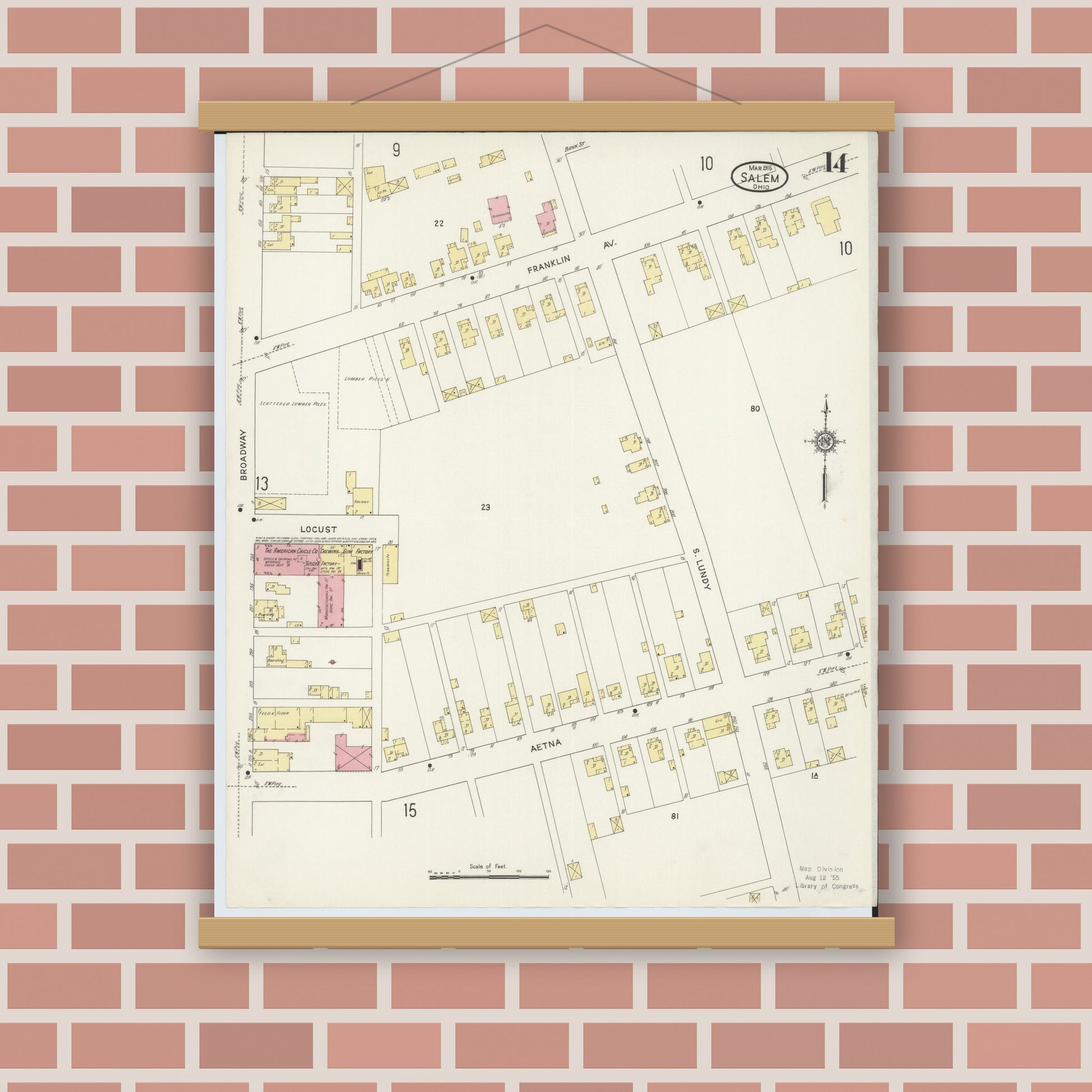 Old map wall art mockup — magnetic wood frame on brick wall — Sanborn Fire Insurance Map from Salem, Columbiana County, Ohio (1915), Sheet #0014