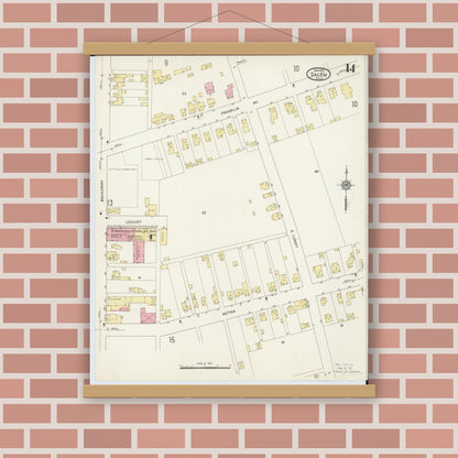 Old map wall art mockup — magnetic wood frame on brick wall — Sanborn Fire Insurance Map from Salem, Columbiana County, Ohio (1915), Sheet #0014