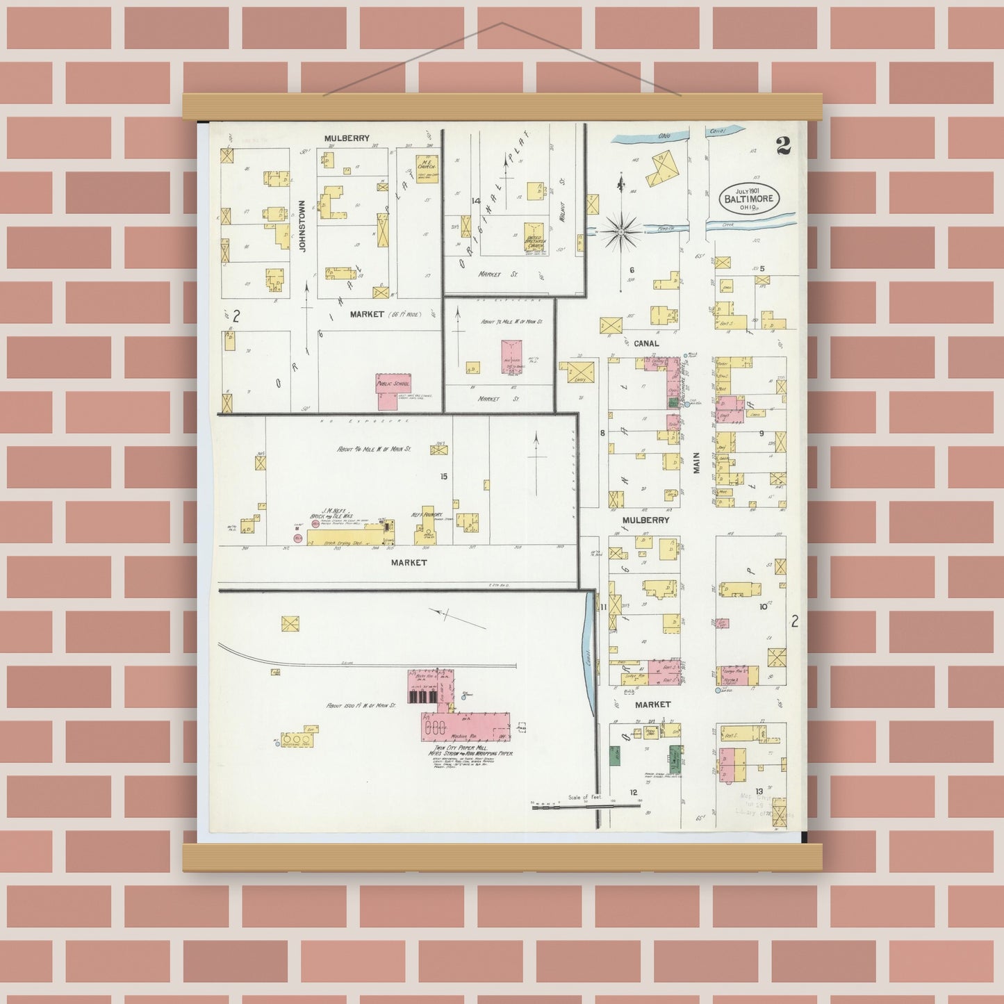 Old map wall art mockup — magnetic wood frame on brick wall — Sanborn Fire Insurance Map from Baltimore, Fairfield County, Ohio (1901), Sheet #0002