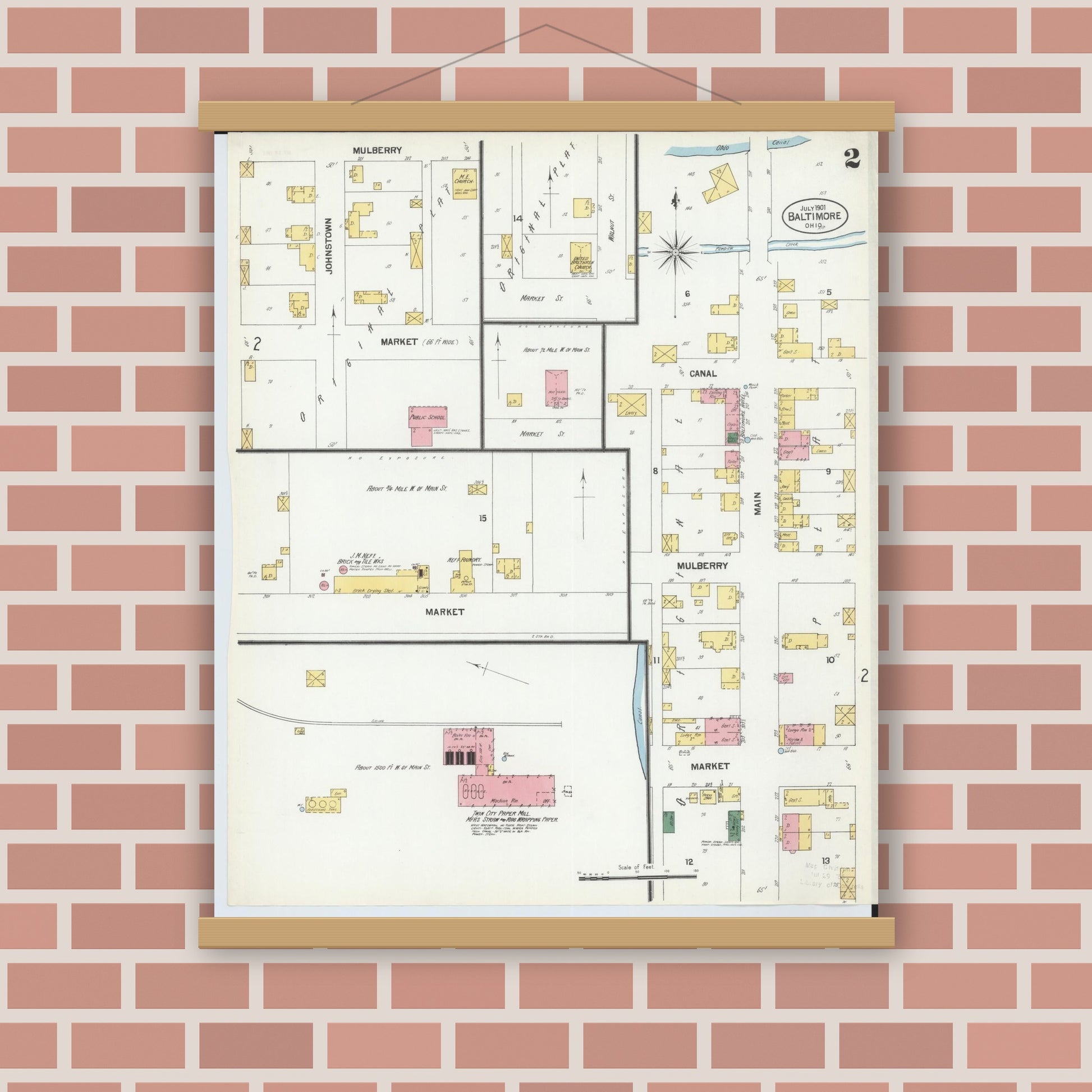 Old map wall art mockup — magnetic wood frame on brick wall — Sanborn Fire Insurance Map from Baltimore, Fairfield County, Ohio (1901), Sheet #0002