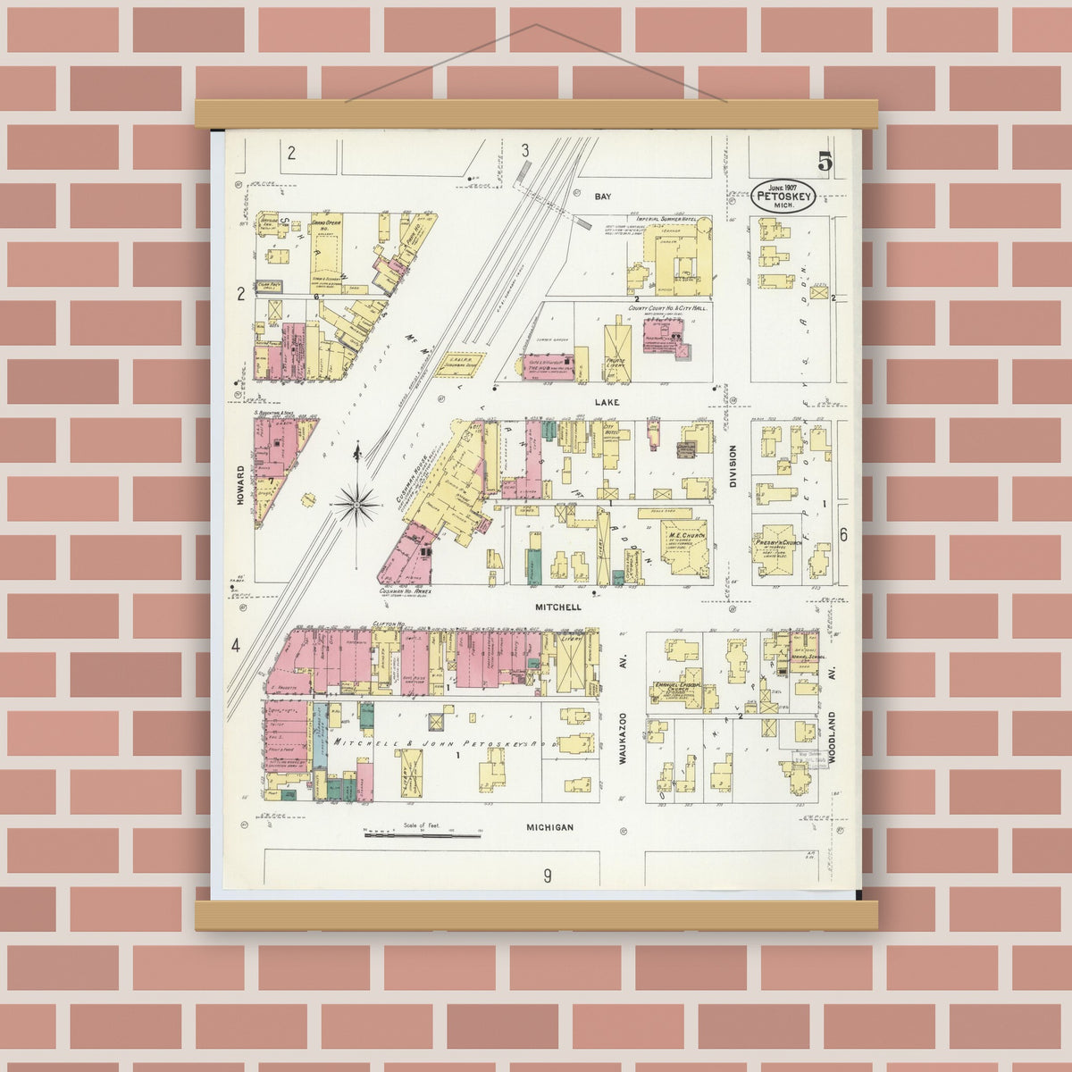 Old map wall art mockup — magnetic wood frame on brick wall — Sanborn Fire Insurance Map from Petoskey, Emmet County, Michigan (1907), Sheet #0005