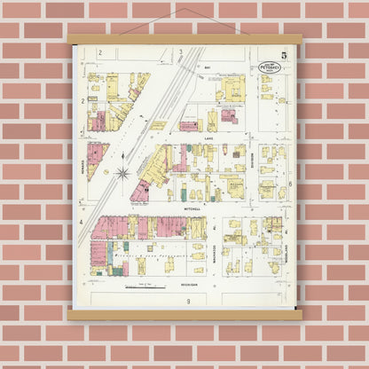 Old map wall art mockup — magnetic wood frame on brick wall — Sanborn Fire Insurance Map from Petoskey, Emmet County, Michigan (1907), Sheet #0005