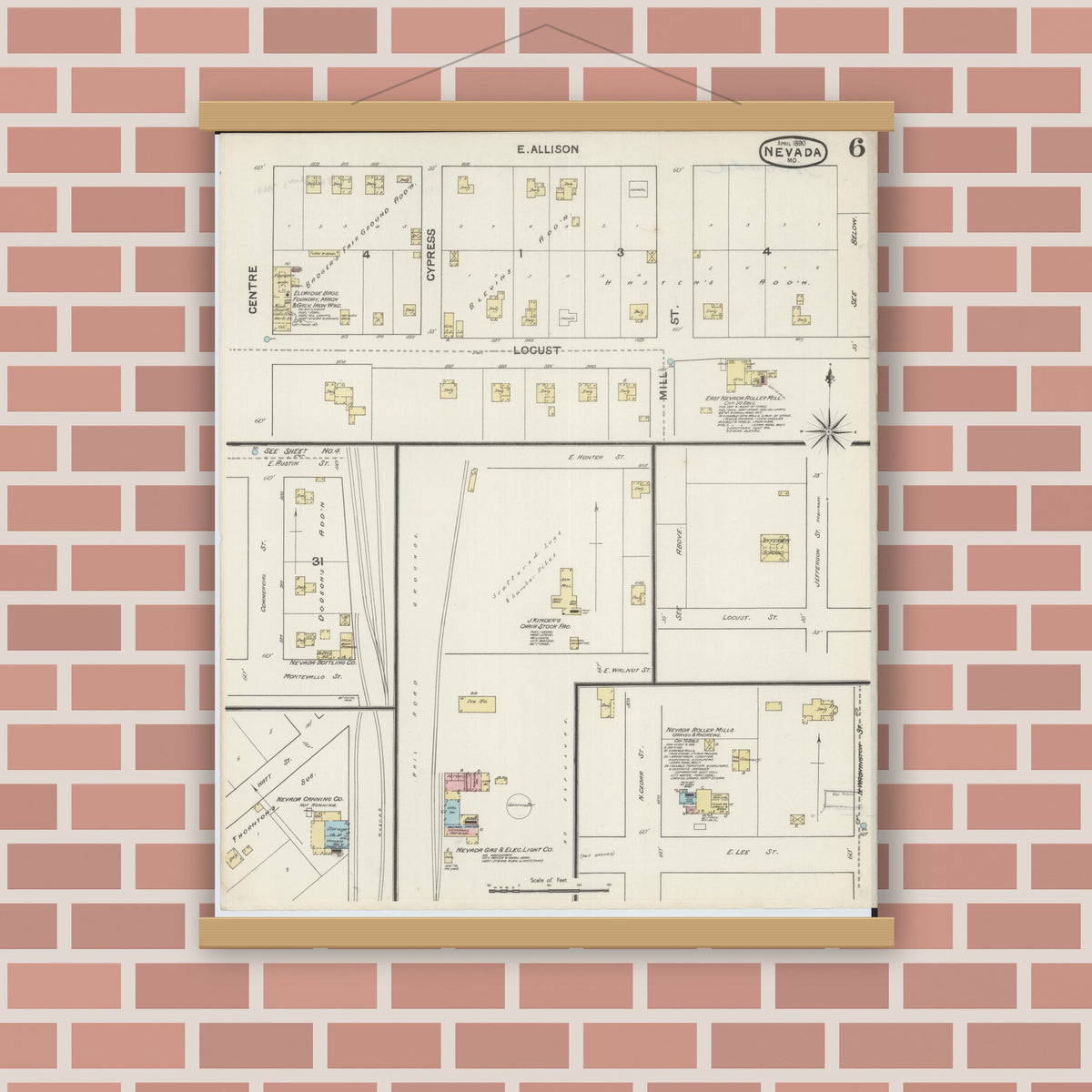 Old map wall art mockup — magnetic wood frame on brick wall — Sanborn Fire Insurance Map from Nevada, Vernon County, Missouri (1890), Sheet #0006