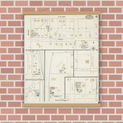Old map wall art mockup — magnetic wood frame on brick wall — Sanborn Fire Insurance Map from Nevada, Vernon County, Missouri (1890), Sheet #0006