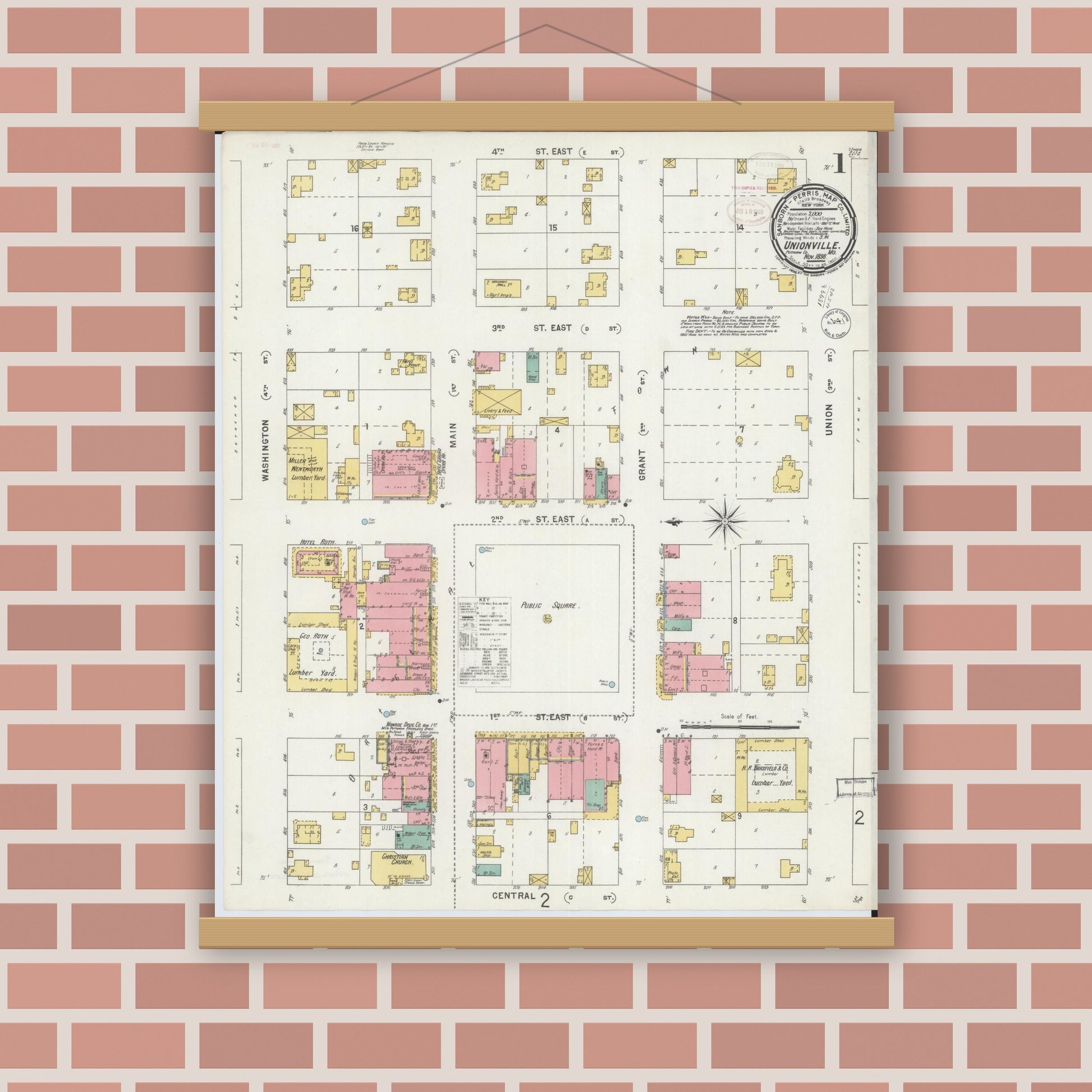 Old map wall art mockup — magnetic wood frame on brick wall — Sanborn Fire Insurance Map from Unionville, Putnam County, Missouri (1898) - Complete Map Set