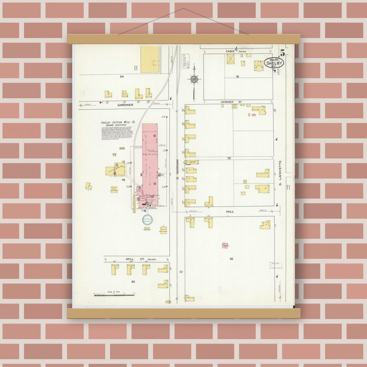 Old map wall art mockup — magnetic wood frame on brick wall — Sanborn Fire Insurance Map from Shelby, Cleveland County, North Carolina (1916), Sheet #0005