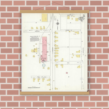 Old map wall art mockup — magnetic wood frame on brick wall — Sanborn Fire Insurance Map from Shelby, Cleveland County, North Carolina (1916), Sheet #0005