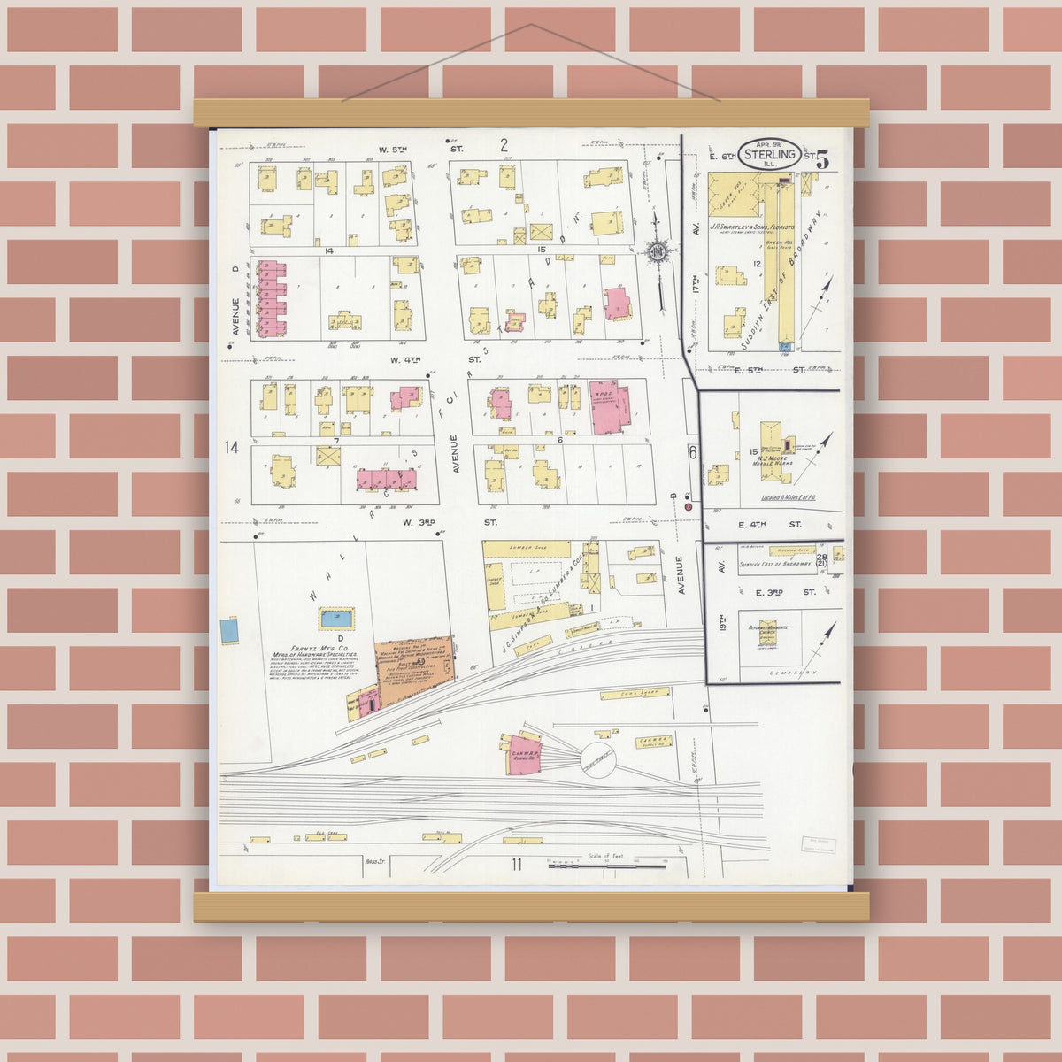 Old map wall art mockup — magnetic wood frame on brick wall — Sanborn Fire Insurance Map from Sterling, Whiteside County, Illinois (1916), Sheet #0005