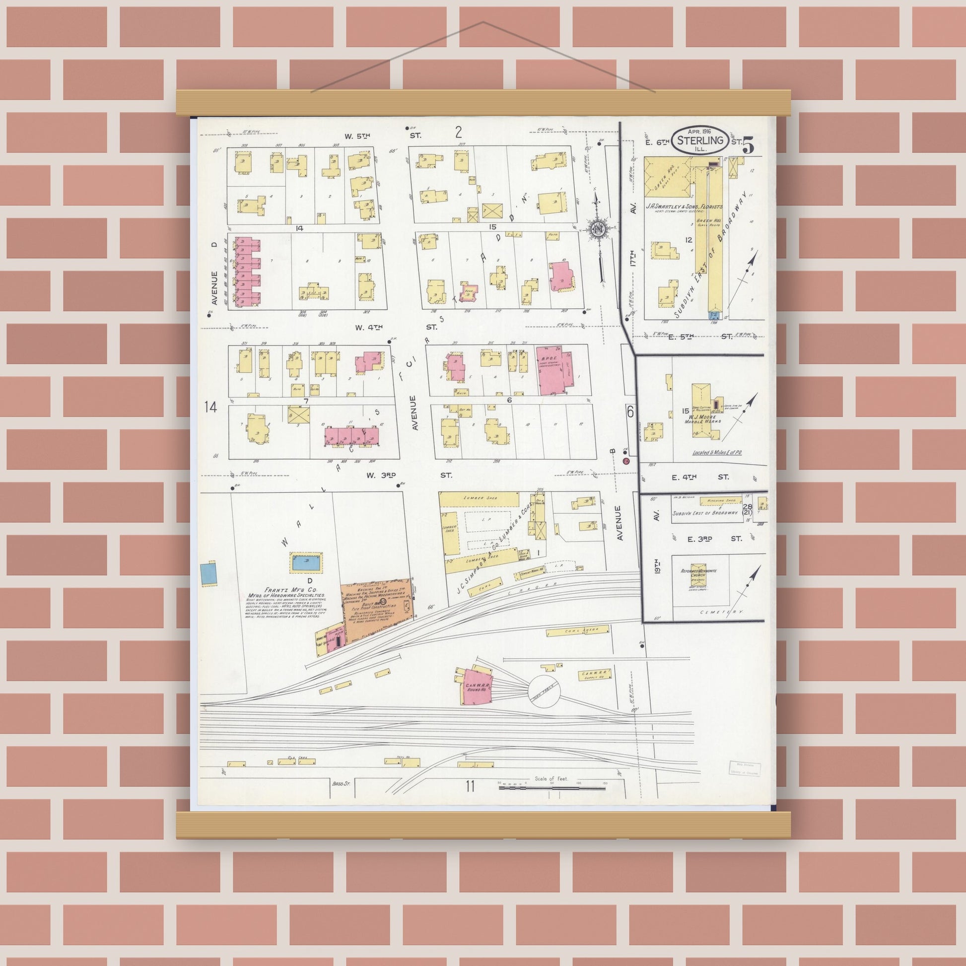Old map wall art mockup — magnetic wood frame on brick wall — Sanborn Fire Insurance Map from Sterling, Whiteside County, Illinois (1916), Sheet #0005