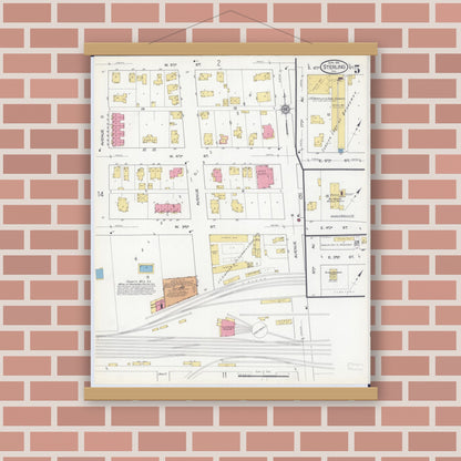 Old map wall art mockup — magnetic wood frame on brick wall — Sanborn Fire Insurance Map from Sterling, Whiteside County, Illinois (1916), Sheet #0005