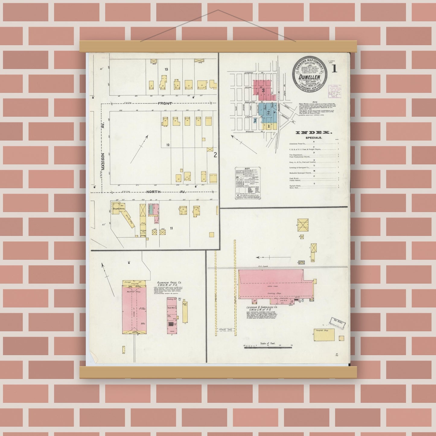 Old map wall art mockup — magnetic wood frame on brick wall — Sanborn Fire Insurance Map from Dunellen, Middlesex County, New Jersey (1905), Sheet #0001