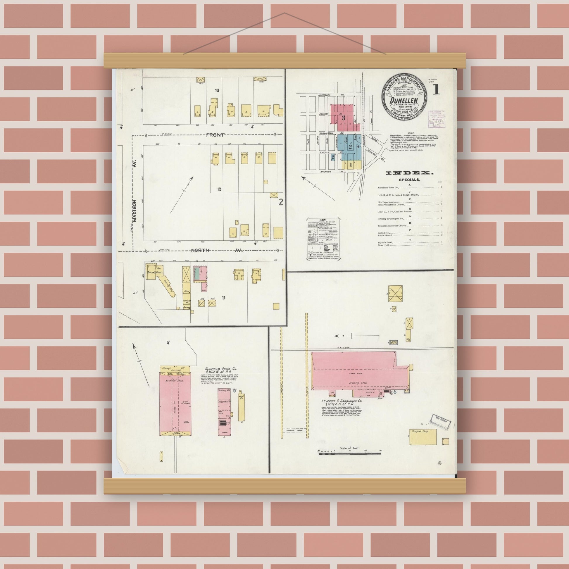 Old map wall art mockup — magnetic wood frame on brick wall — Sanborn Fire Insurance Map from Dunellen, Middlesex County, New Jersey (1905), Sheet #0001