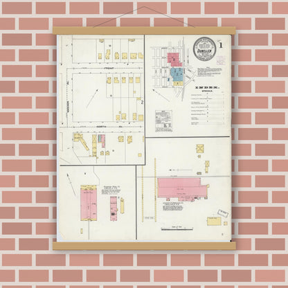 Old map wall art mockup — magnetic wood frame on brick wall — Sanborn Fire Insurance Map from Dunellen, Middlesex County, New Jersey (1905), Sheet #0001