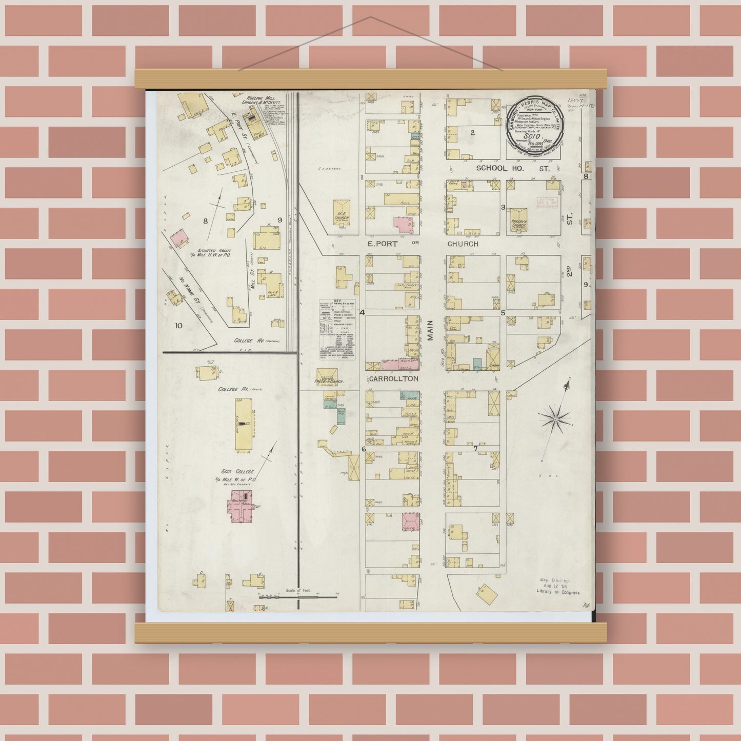 Old map wall art mockup — magnetic wood frame on brick wall — Sanborn Fire Insurance Map from Scio, Harrison County, Ohio (1893), Sheet #0001