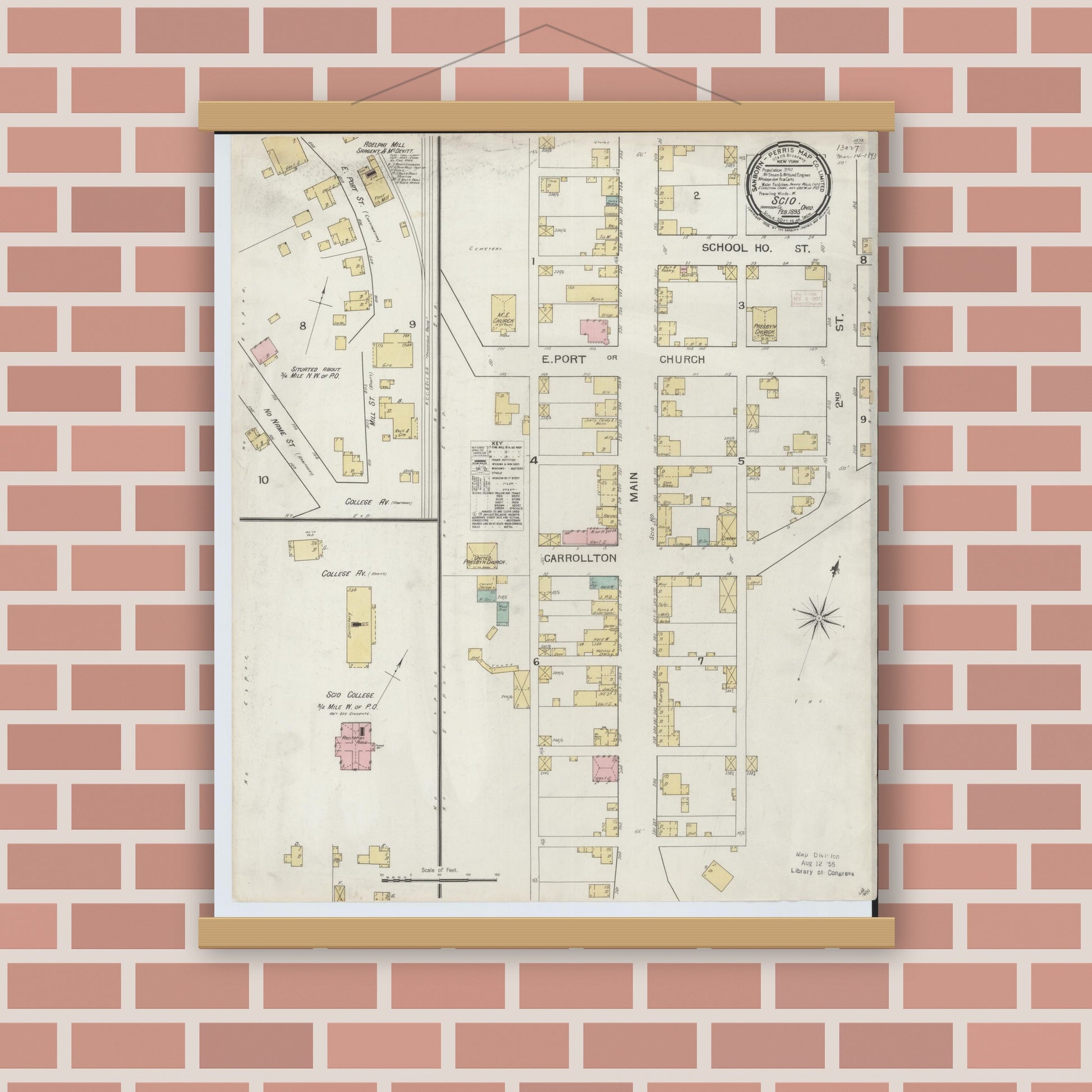 Old map wall art mockup — magnetic wood frame on brick wall — Sanborn Fire Insurance Map from Scio, Harrison County, Ohio (1893), Sheet #0001