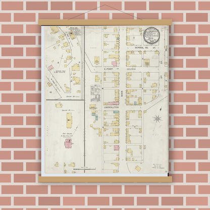 Old map wall art mockup — magnetic wood frame on brick wall — Sanborn Fire Insurance Map from Scio, Harrison County, Ohio (1893), Sheet #0001