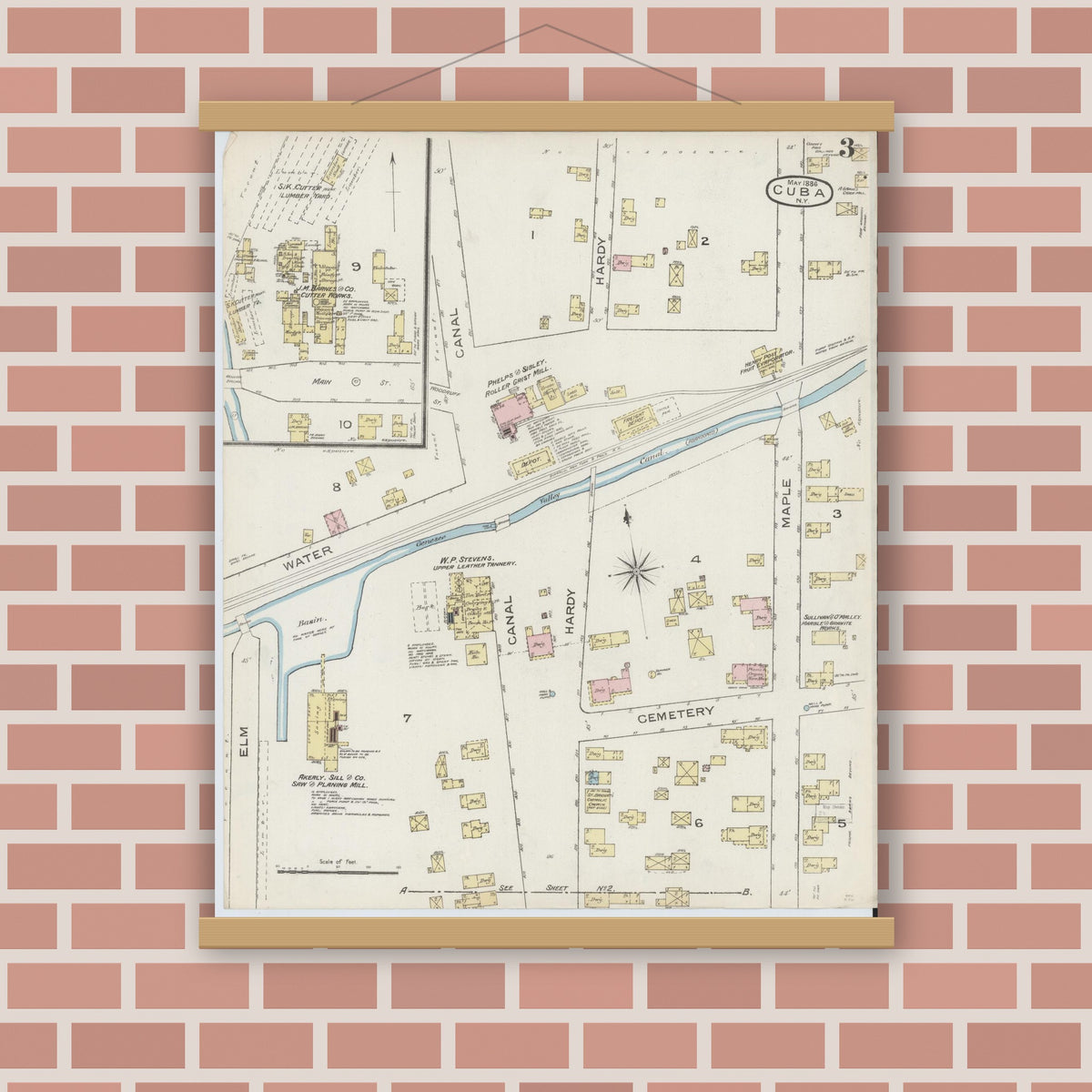 Old map wall art mockup — magnetic wood frame on brick wall — Sanborn Fire Insurance Map from Cuba, Allegany County, New York (1886), Sheet #0003