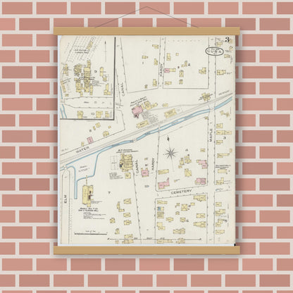 Old map wall art mockup — magnetic wood frame on brick wall — Sanborn Fire Insurance Map from Cuba, Allegany County, New York (1886), Sheet #0003