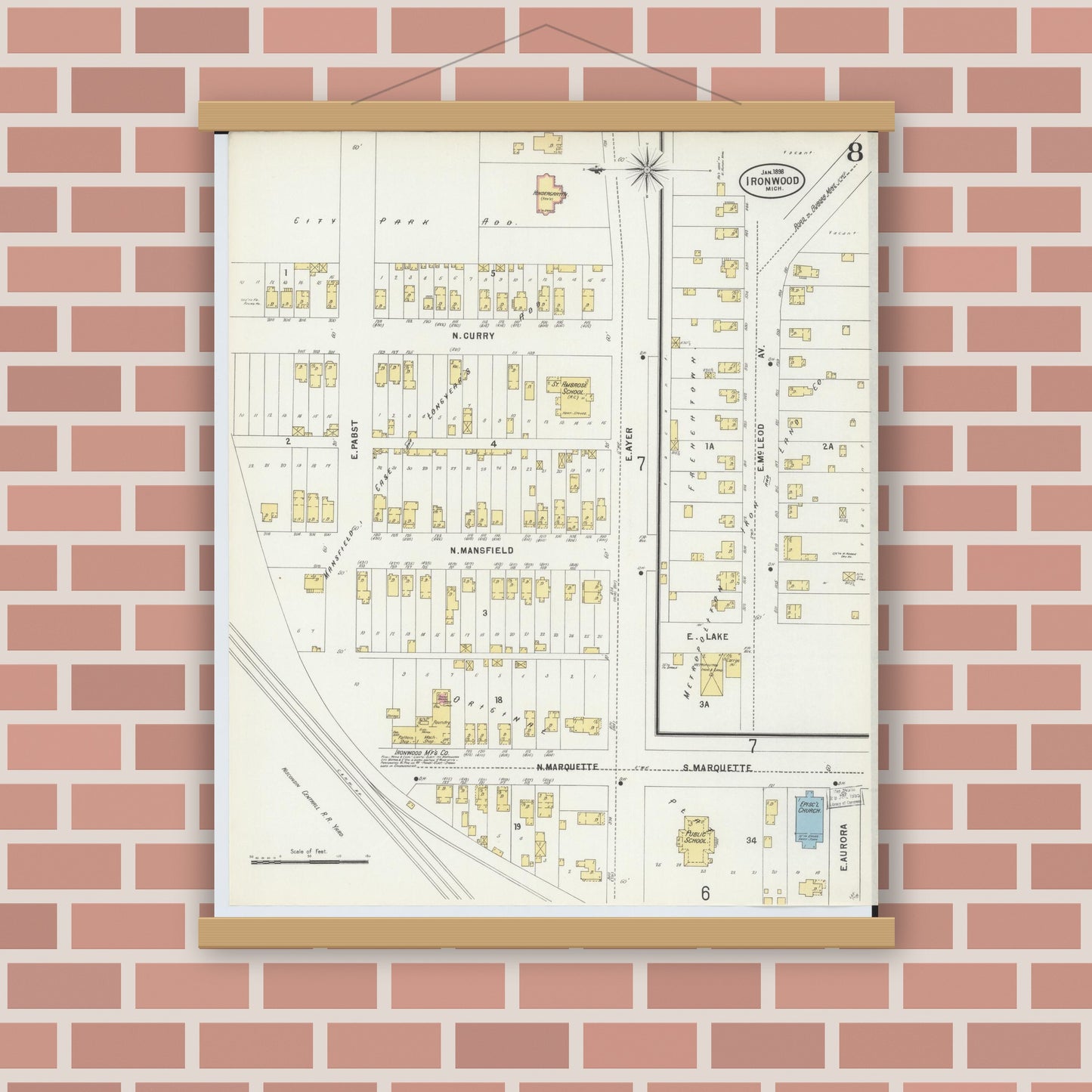 Old map wall art mockup — magnetic wood frame on brick wall — Sanborn Fire Insurance Map from Ironwood, Gogebic County, Michigan (1898), Sheet #0008