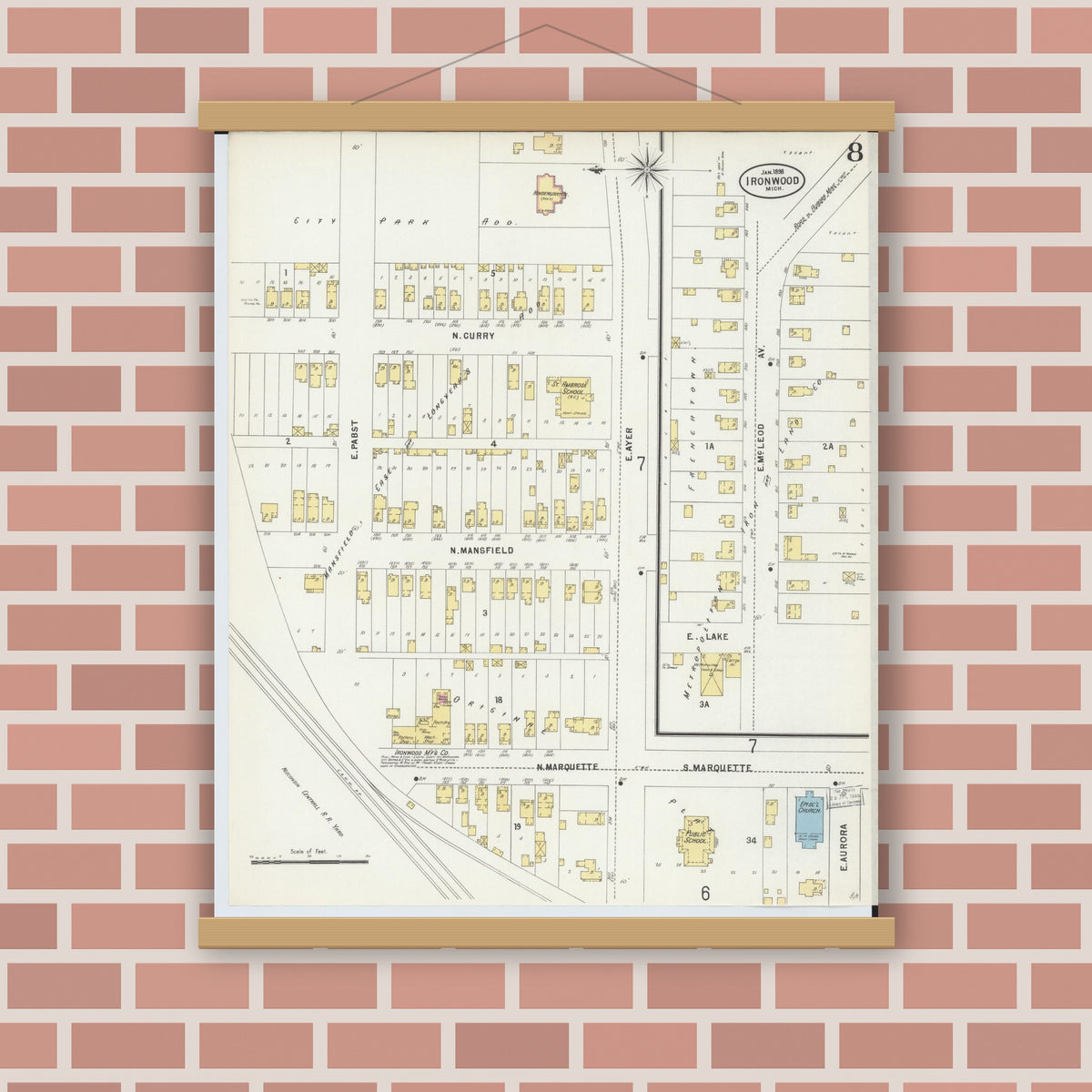 Old map wall art mockup — magnetic wood frame on brick wall — Sanborn Fire Insurance Map from Ironwood, Gogebic County, Michigan (1898), Sheet #0008